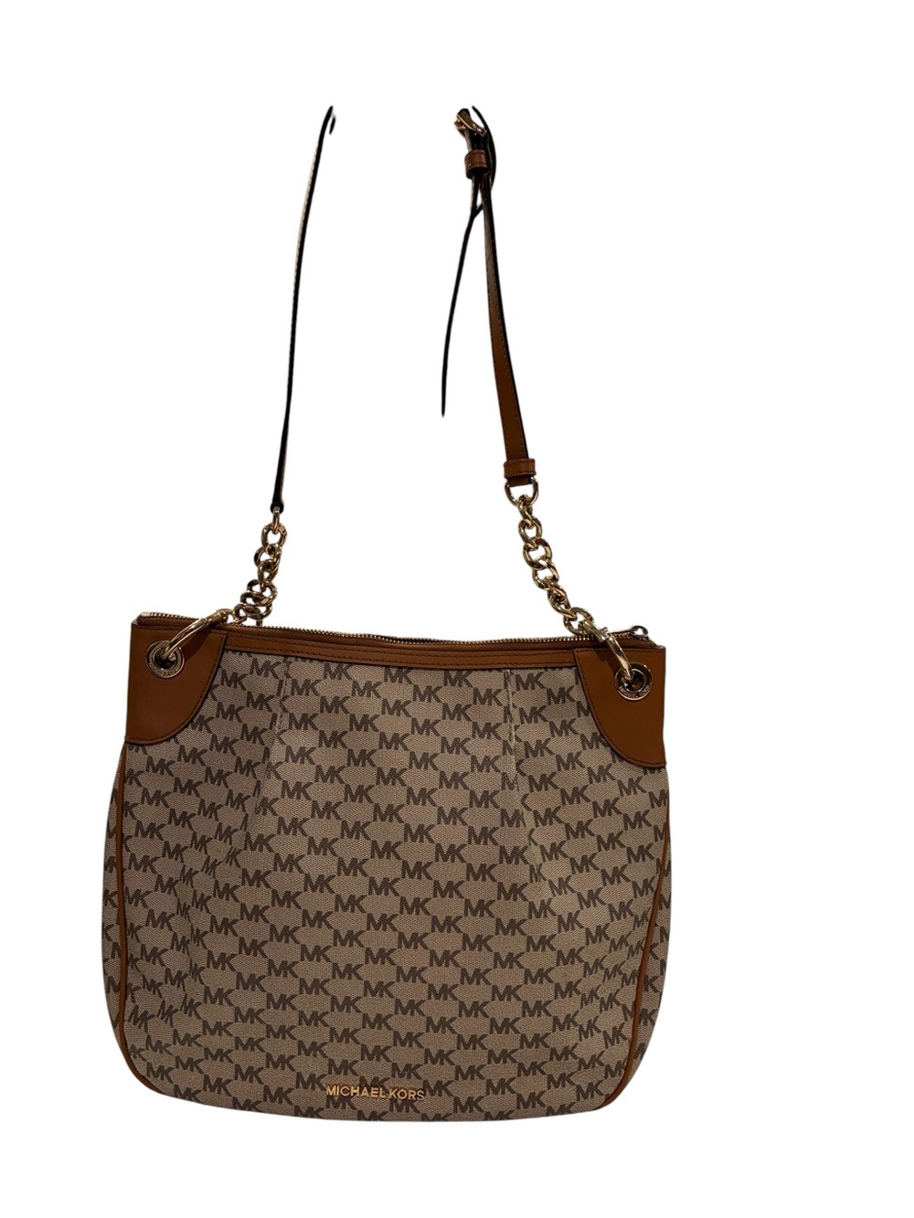 Michael Kors Signature Logo Chain Shoulder Bag Brown & Vanilla PVC Leather Trim